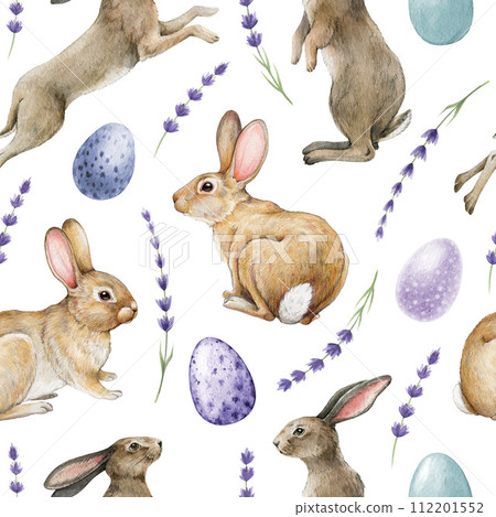 Easter bunny with eggs, lavender flowers seamless pattern. Hand drawn cozy easter festive decor. Small rabbits, painted eggs, flowers springtime elements seamless pattern. White background 112201552