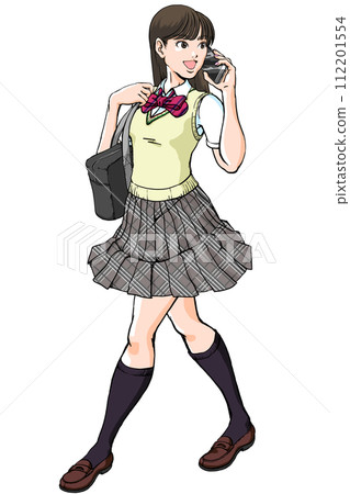 Smiling high school girl walking dashingly while talking on her smartphone_Best 112201554