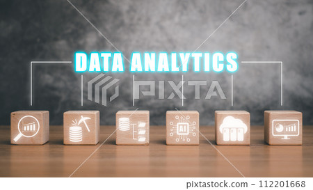 Data analytics concept, Wooden block on desk with data analytics icon on virtual screen. 112201668