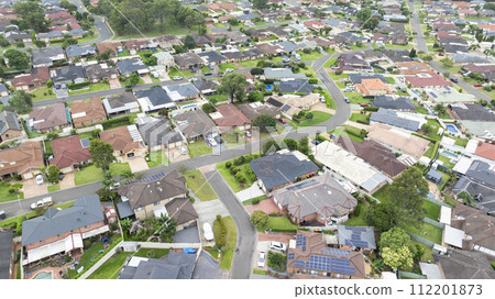 Aerial view of residential houses in the suburb of Glenmore Park Aerial view of residential houses in the suburb of Glenmore Park 112201873
