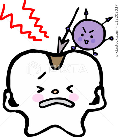 被齲齒細菌攻擊的疼痛牙齒的手繪人物插圖 112202037