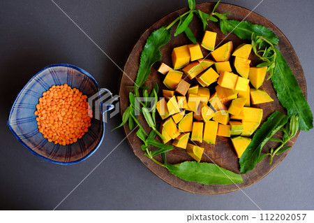 ingredient food, red pumpkin, red lentils 112202057