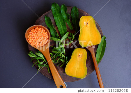 ingredient food, red pumpkin, red lentils 112202058