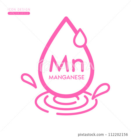 Minerals manganese icon pink. Water drops splashing and waves isolated on white background. Symbol for use on advertising media. Form simple line for designing medical beauty products. Vector. Minerals manganese icon pink. Water drops splashing and waves isolated on white background. Symbol for use on advertising media. Form simple line for designing medical beauty products. Vector. 112202156