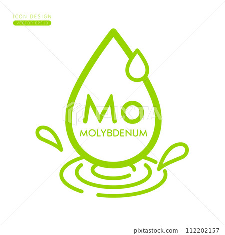 Minerals molybdenum icon green. Water drops splashing and waves isolated on white background. Symbol for use on advertising media. Form simple line for designing medical beauty products. Vector. Minerals molybdenum icon green. Water drops splashing and waves isolated on white background. Symbol for use on advertising media. Form simple line for designing medical beauty products. Vector. 112202157