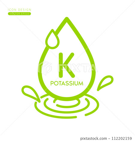 Minerals potassium icon green. Water drops splashing and waves isolated on white background. Symbol for use on advertising media. Form simple line for designing medical beauty products. Vector. Minerals potassium icon green. Water drops splashing and waves isolated on white background. Symbol for use on advertising media. Form simple line for designing medical beauty products. Vector. 112202159