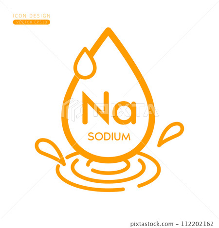 Minerals sodium icon orange. Water drops splashing and waves isolated on white background. Symbol for use on advertising media. Form simple line for designing medical beauty products. Vector. Minerals sodium icon orange. Water drops splashing and waves isolated on white background. Symbol for use on advertising media. Form simple line for designing medical beauty products. Vector. 112202162