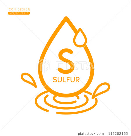 Minerals sulfur icon orange. Water drops splashing and waves isolated on white background. Symbol for use on advertising media. Form simple line for designing medical beauty products. Vector. Minerals sulfur icon orange. Water drops splashing and waves isolated on white background. Symbol for use on advertising media. Form simple line for designing medical beauty products. Vector. 112202163