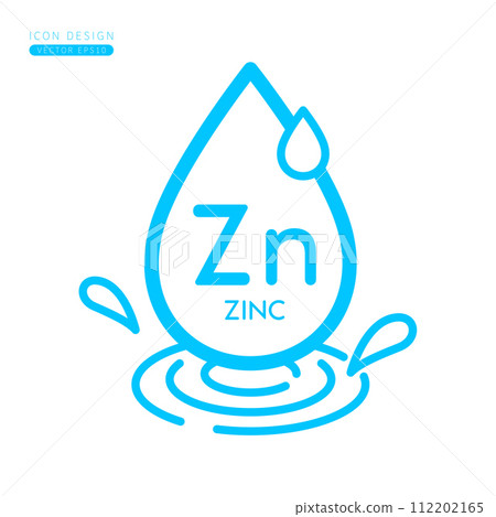 Minerals zinc icon blue. Water drops splashing and waves isolated on white background. Symbol for use on advertising media. Form simple line for designing medical beauty products. Vector. Minerals zinc icon blue. Water drops splashing and waves isolated on white background. Symbol for use on advertising media. Form simple line for designing medical beauty products. Vector. 112202165