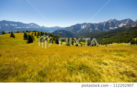 Craggy peaks of Italian Dolomites framed by greenery of meadows and forests 112202907