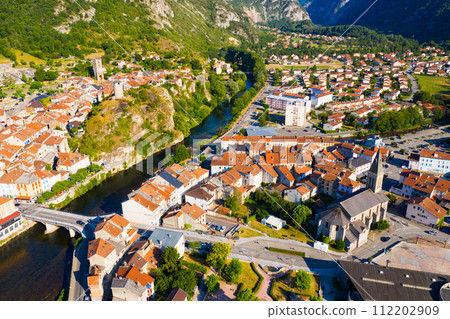 Aerial view of Tarascon-sur-Ariege with Church and castle tower Aerial view of Tarascon-sur-Ariege with Church and castle tower 112202909