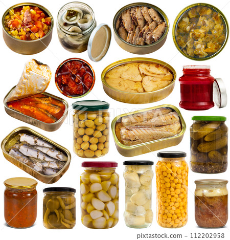 Assorted various canned goods with meat, vegetables and seafood on a white background Assorted various canned goods with meat, vegetables and seafood on a white background 112202958