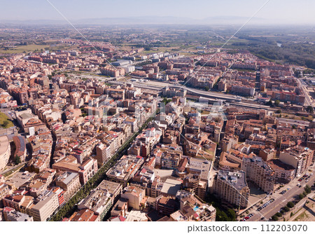 Aerial view of district of Lleida with modern apartment buildings, Catalonia 112203070