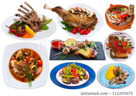 Set of lamb dishes isolated Set of lamb dishes isolated 112203075