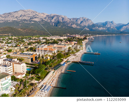 Drone view of Turkish seaside resort city of Kemer on Mediterranean coast 112203099