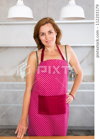 Woman in underwear and apron poses in home kitchen interior. 112203179