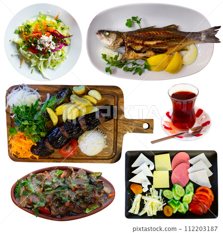 Collection of traditional Turkish dishes isolated on white background Collection of traditional Turkish dishes isolated on white background 112203187
