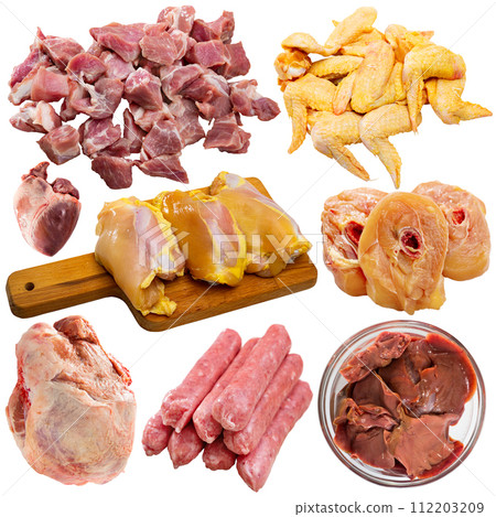 Assortment of various raw meat isolated on white background 112203209