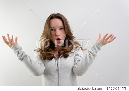 Surprised Young Woman Wondering on White Background 112203455