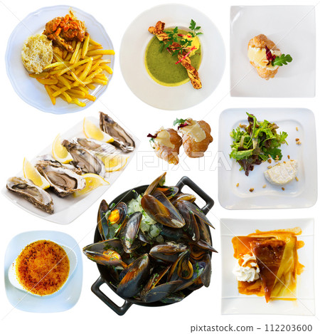 Set of French dishes isolated on white 112203600