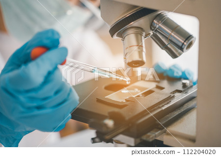 Female researchers are experimenting with pipette dropping a sample into a test tube in an experiment research in laboratory... 112204020