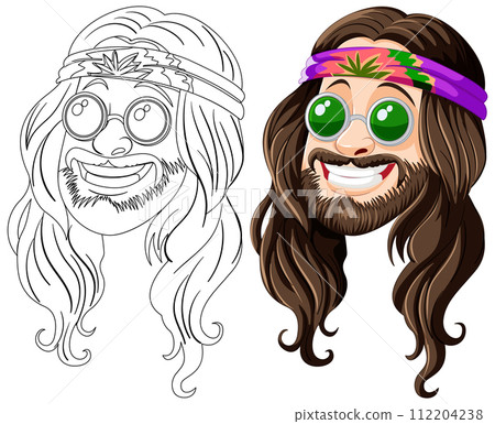 Groovy Hippie Faces Vector Illustration 112204238
