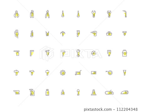 Outline icon set of various work tools yellow 112204348
