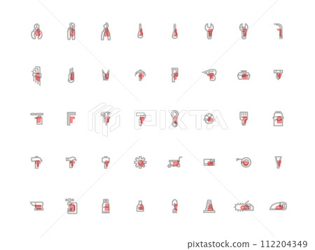 Outline icon set of various work tools red 112204349