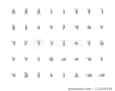 Outline icon set of various work tools blue 112204350
