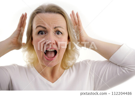 fair-haired woman open wide mouth eyes raised eyebrows wrinkle forehead what happened surprise social insurance training online poor quality service bad delivery reaction to words don't understand 112204486