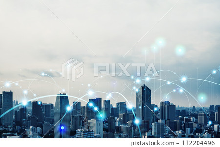 Modern city and communication network Visual with copy space for advertisements and banners Modern city and communication network Visual with copy space for advertisements and banners 112204496