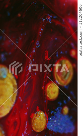 Paint bubbles ink water mix red golden glitter oil 112204606