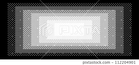 Pixelated gradient rectangle frame. Black dithered central gradation texture. Retro bitmap game background. Halftone 8 bit wallpaper. Vintage rectangular pixel art border. Vector vanishing backdrop 112204901