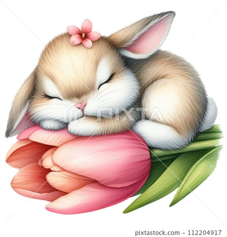 Cute rabbit sleeping on a flower 112204917