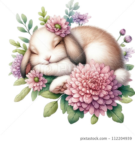 Cute rabbit sleeping on a flower 112204939