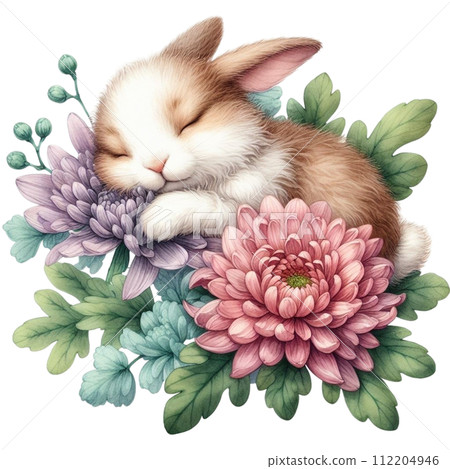 Cute rabbit sleeping on a flower-插圖素材 [112204946] - PIXTA圖庫