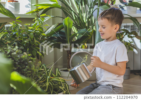 A child in home clothes waters indoor plants from a beautiful stylish metal watering can. A child in home clothes waters indoor plants from a beautiful stylish metal watering can. 112204970