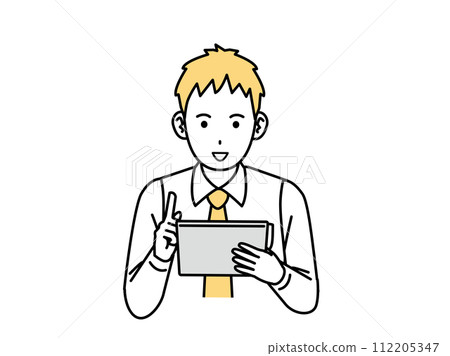 年輕男性上班族操作平板電腦的插圖 年輕男性上班族操作平板電腦的插圖 112205347