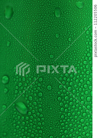 water drop on green beverage cans background, texture of cold aluminium drink package 112205506