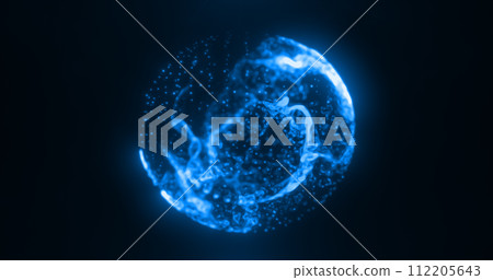 Abstract blue water glowing digital high-tech liquid futuristic energy plasma sphere with lines and particles on dark black background 112205643