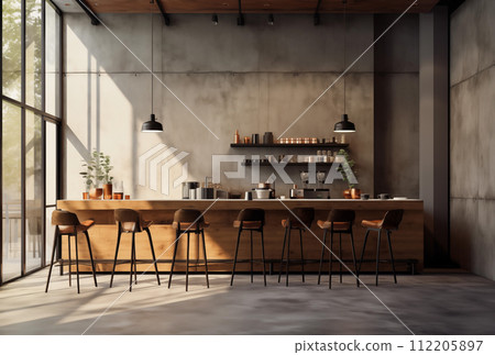 modern coffee shop with raw concrete wall. cement floor. bar counter with stools. By generative Ai modern coffee shop with raw concrete wall. cement floor. bar counter with stools. By generative Ai 112205897