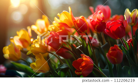 Vibrant tulips basking in the golden glow of sunlight, their rich colors a dazzling celebration of spring 112206219