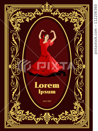 Gold frame with flamenco dance image, 3d color vector illustration can be used as cover book Gold frame with flamenco dance image, 3d color vector illustration can be used as cover book 112206360