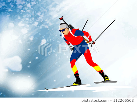 Biathlon runner colored silhouette. Shooting. Vector 3d illustration 112206508