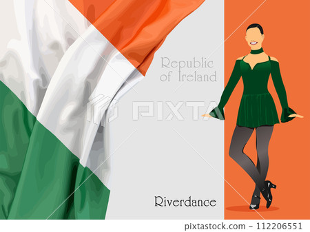 Dancing riverdance woman in green dress on Irish flag background. 3d color vector illustration 112206551