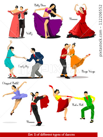 Set of different types of dances. 3d color vector illustration for designers Set of different types of dances. 3d color vector illustration for designers 112206552
