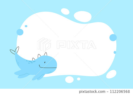 Dino photo frame, templates for text or invitations. Vector illustration of a funny cartoon dinosaur character. Scandinavian style doodle, hand drawn 112206568
