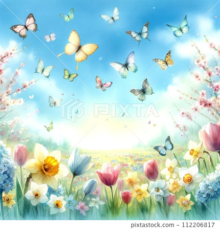 Butterflies dancing above spring flowers Butterflies dancing above spring flowers 112206817