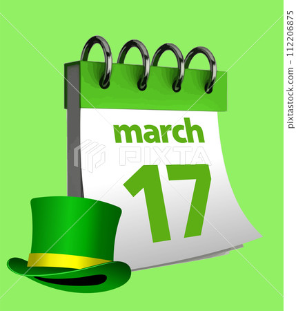 Vector of green hats and calendar for St. Patrick's Day. 3d illustration Vector of green hats and calendar for St. Patrick's Day. 3d illustration 112206875