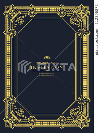 Gold ornament on dark background. Can be used as invitation card. Book cover. Vector illustration 112206878